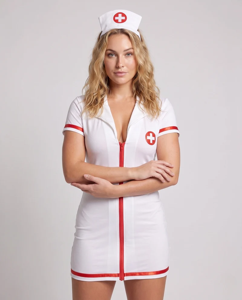 Damen sexy Krankenschwesternkostüm mit Reißverschluss und leichtem Stoff Drune