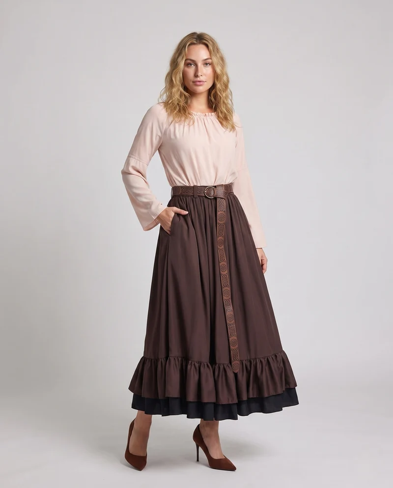 Damen Stylisches Langarmkleid mit Rüschen und Gürtel Drune