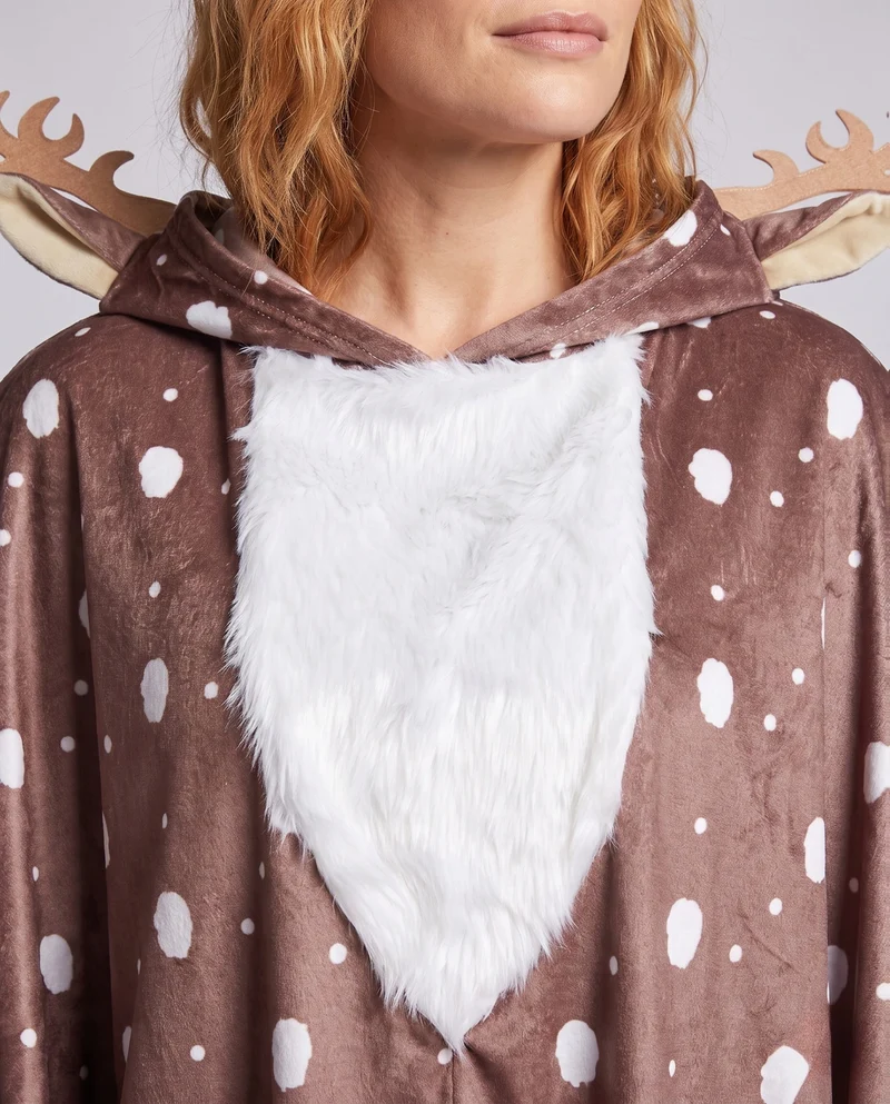 Damen Tierkostüm als reindeer-ähnliches Poncho mit Kapuze und 3D Geweihen Drune