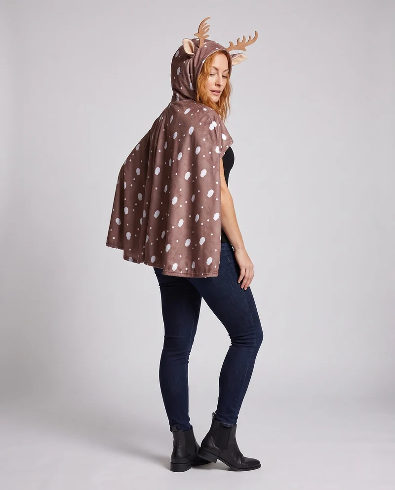 Damen Tierkostüm als reindeer-ähnliches Poncho mit Kapuze und 3D Geweihen Drune