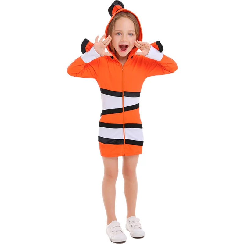 Damen Tierkostüm im Clownfisch-Design mit Kapuze und bunten Akzenten Drune