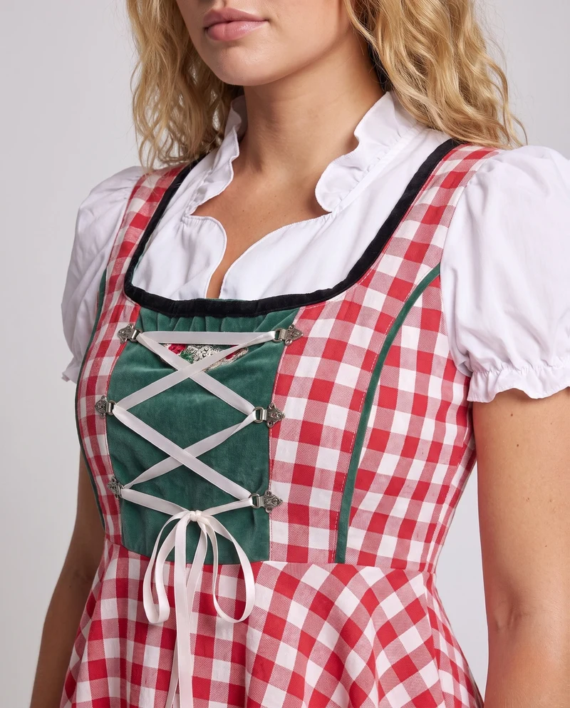 Damen Traditionskleid mit Karomuster und Rüschendetails Drune