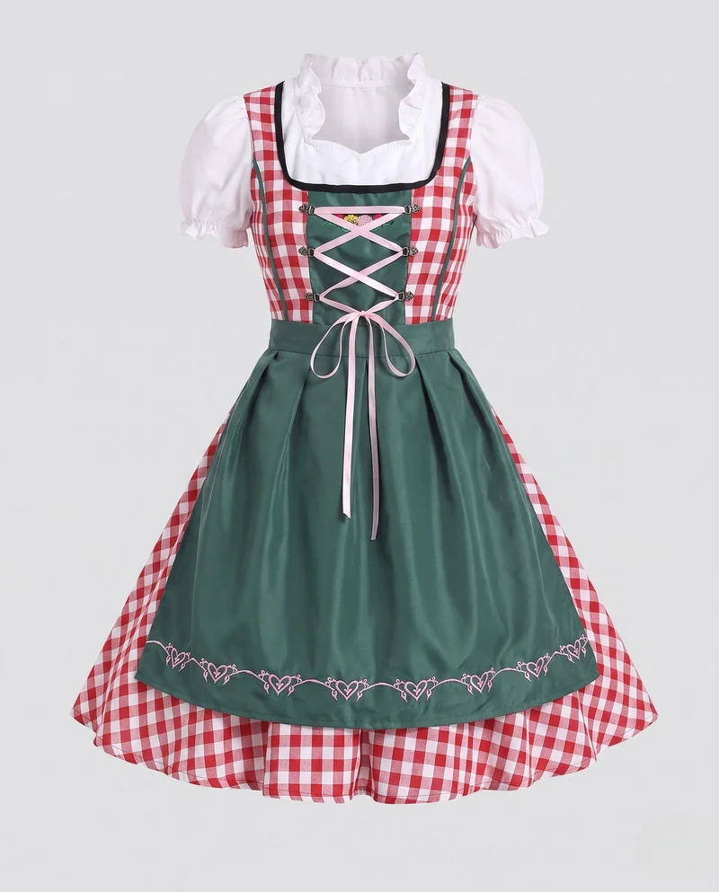 Damen Traditionskleid mit Karomuster und Rüschendetails Drune