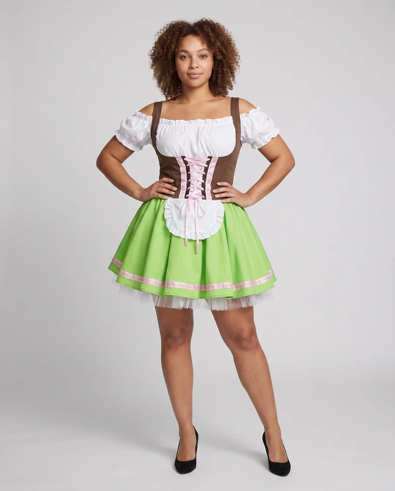 Damen traditionelle Kleid mit voluminösem Rock und Rüschenverzierungen Drune