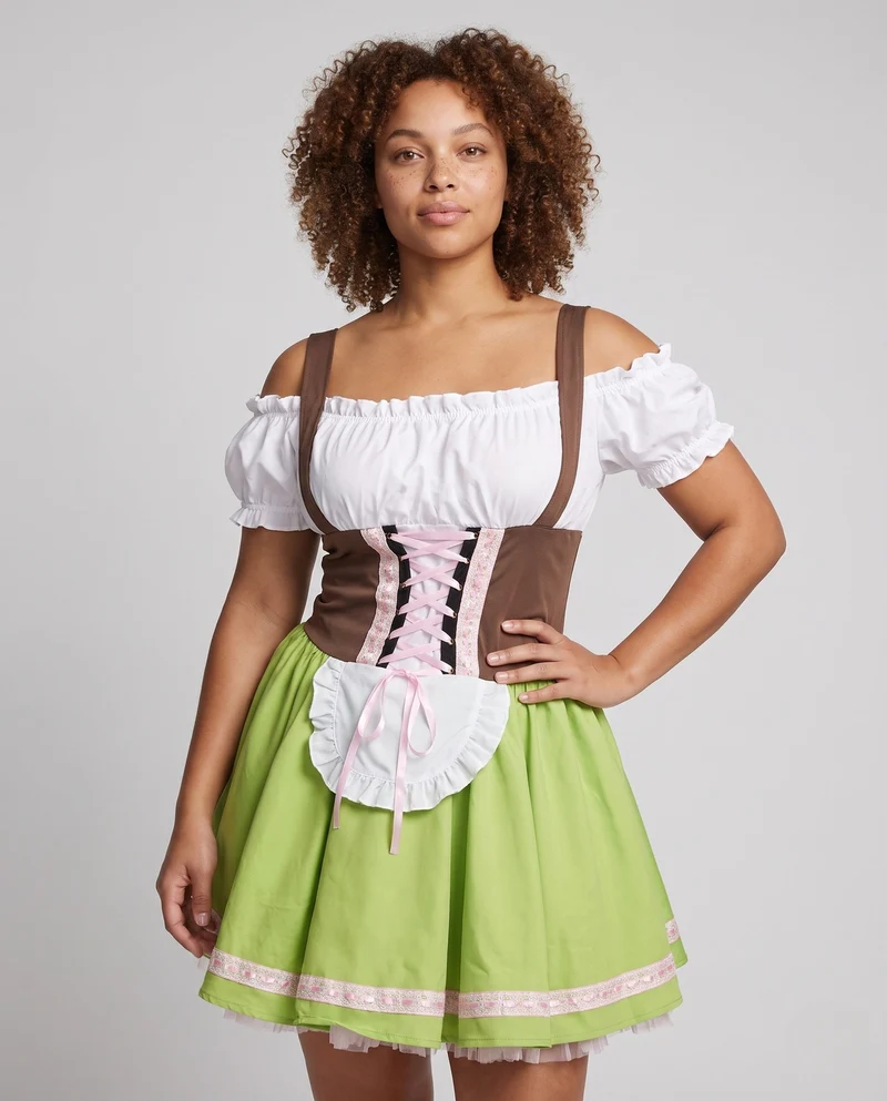 Damen traditionelle Kleid mit voluminösem Rock und Rüschenverzierungen Drune
