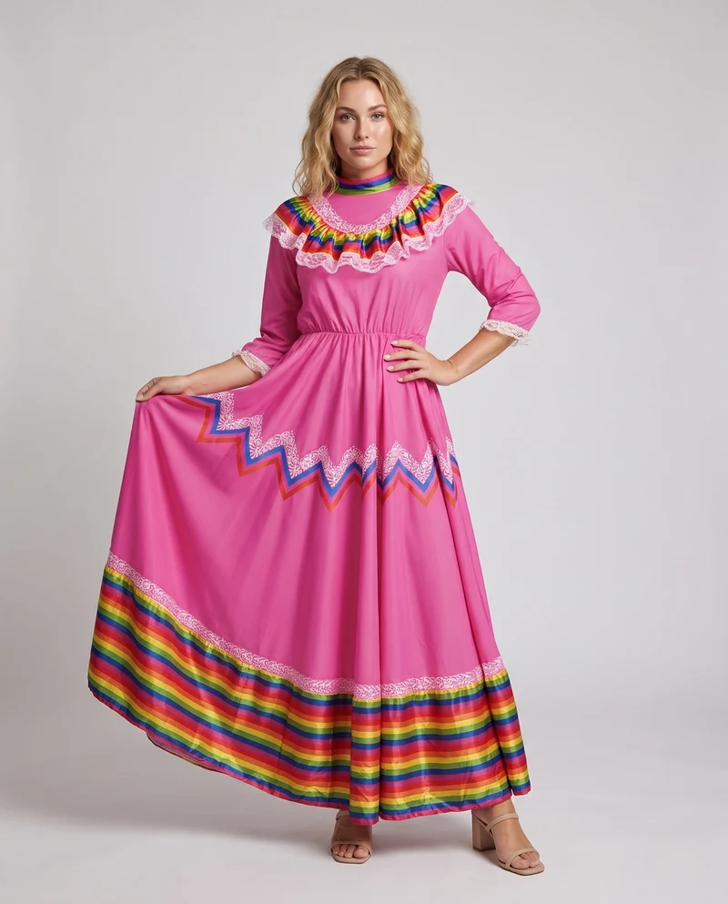 Frauen traditionelle Kleid mit buntem Saum und Spitzenverzierungen Drune