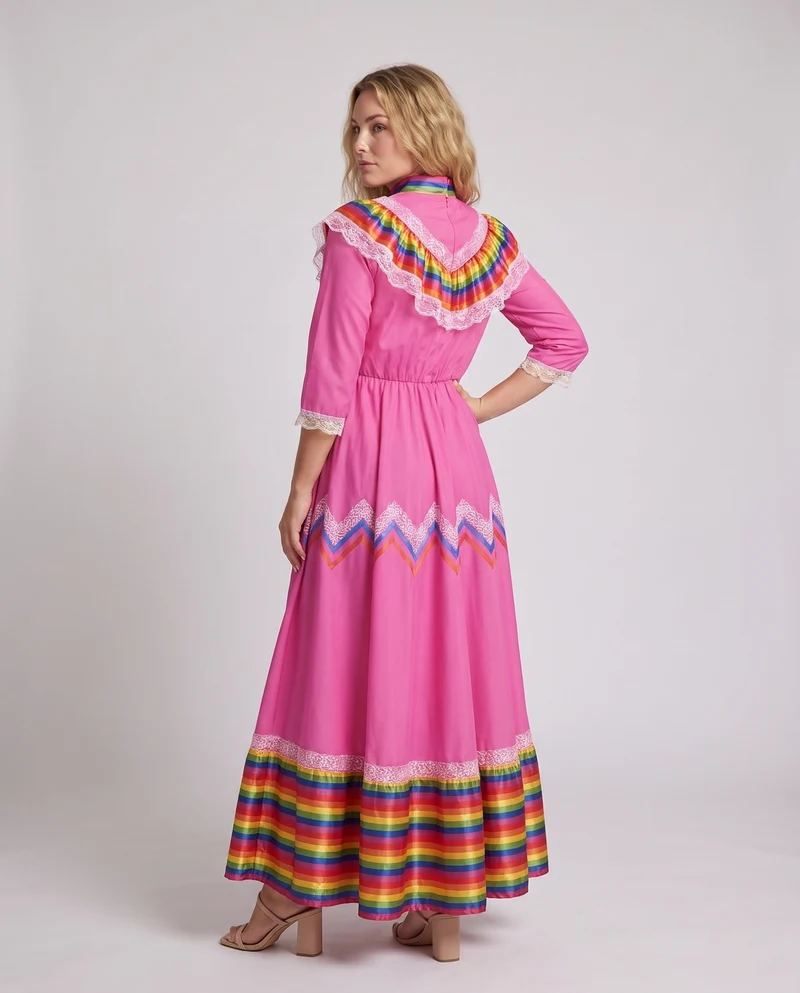 Frauen traditionelle Kleid mit buntem Saum und Spitzenverzierungen Drune