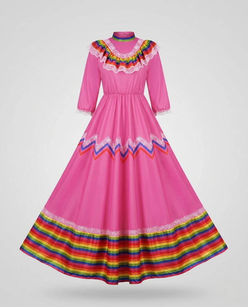 Frauen traditionelle Kleid mit buntem Saum und Spitzenverzierungen Drune