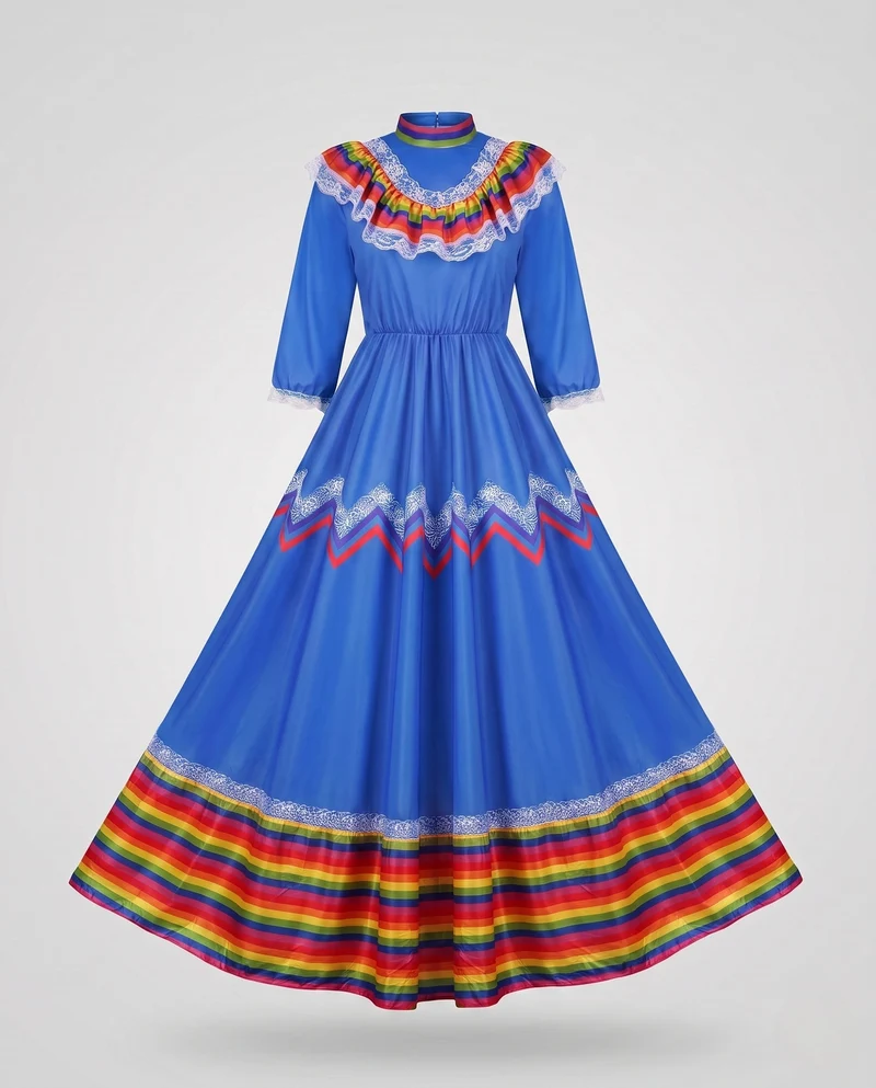 Frauen traditionelle Kleid mit buntem Saum und Spitzenverzierungen Drune