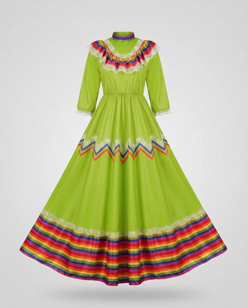 Frauen traditionelle Kleid mit buntem Saum und Spitzenverzierungen Drune