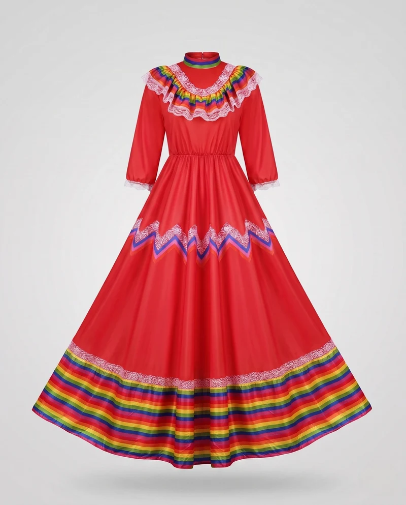 Frauen traditionelle Kleid mit buntem Saum und Spitzenverzierungen Drune