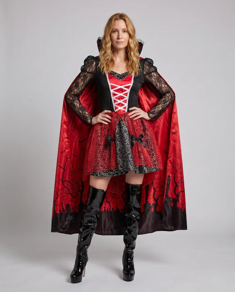 Damen Vampirkostüm mit Kapuze, Spitzenärmeln und glänzendem Rock Drune