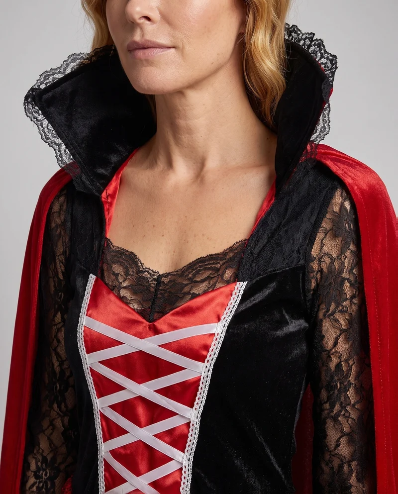Damen Vampirkostüm mit Kapuze, Spitzenärmeln und glänzendem Rock Drune