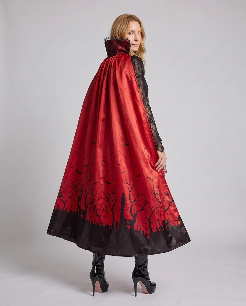 Damen Vampirkostüm mit Kapuze, Spitzenärmeln und glänzendem Rock Drune
