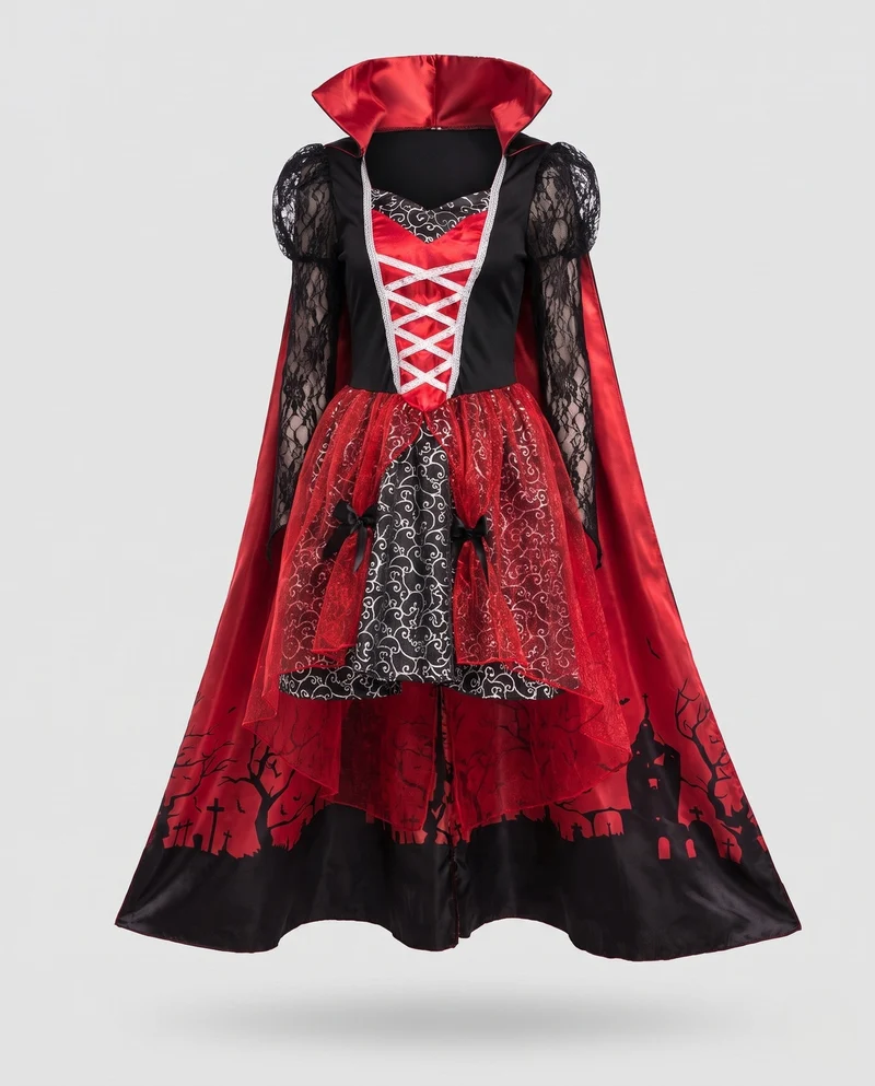 Damen Vampirkostüm mit Kapuze, Spitzenärmeln und glänzendem Rock Drune