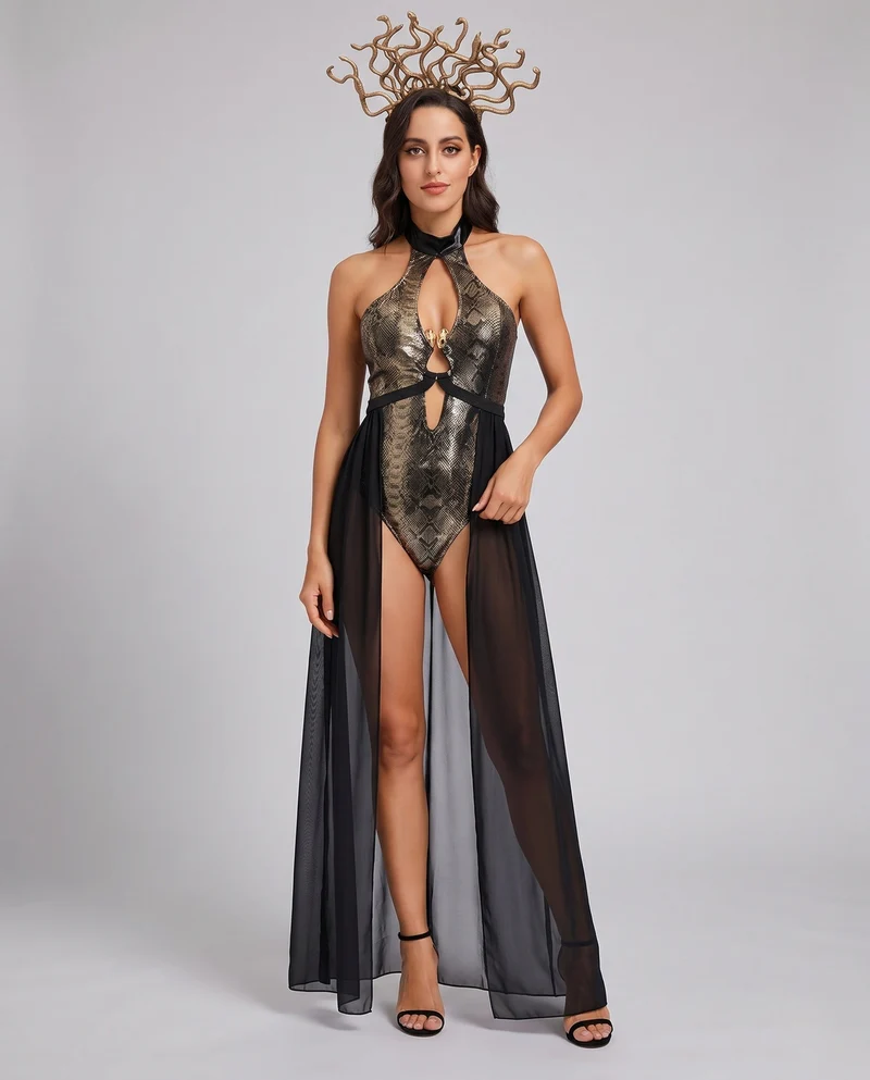 Frauen verführerisches Lederkleid mit fließendem Tüll und Statement-Kragen Drune