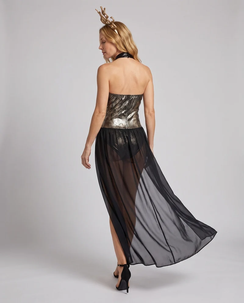 Frauen verführerisches Lederkleid mit fließendem Tüll und Statement-Kragen Drune