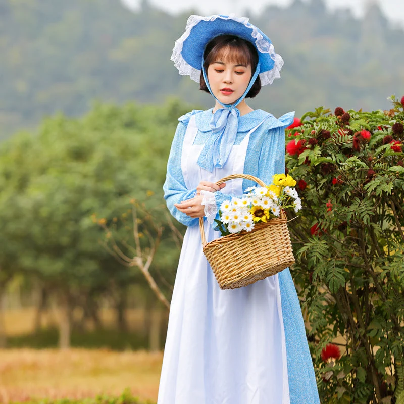 Damen Vintage Bauernkleid mit romantischen Rüschen und passendem Hut Drune