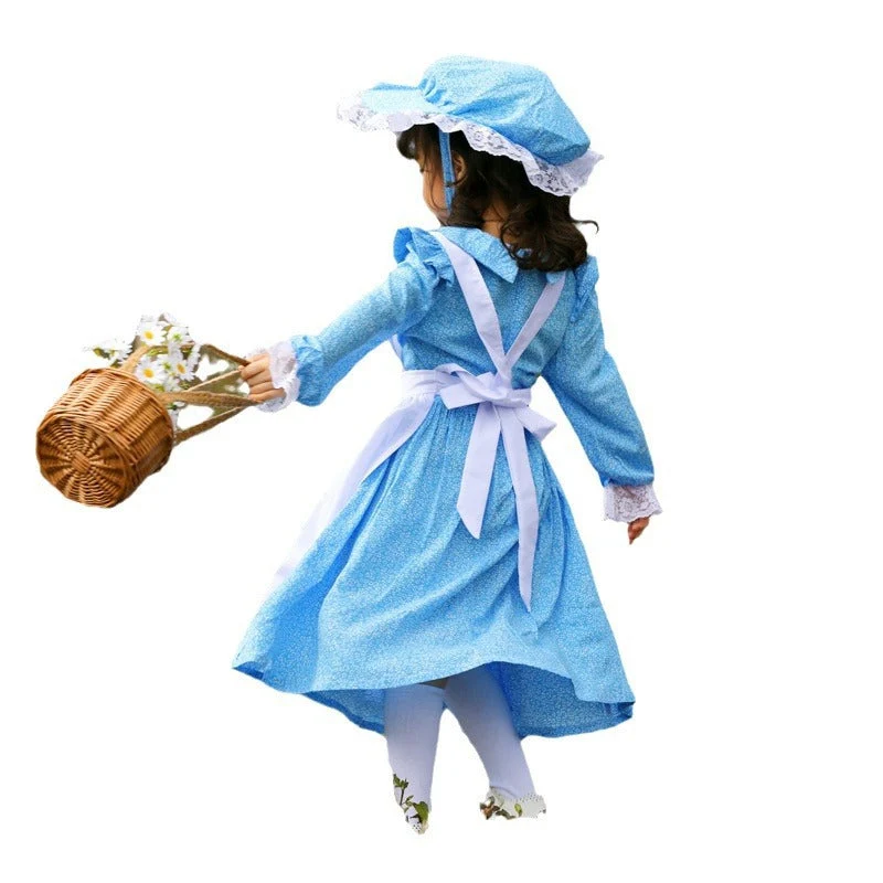 Damen Vintage Bauernkleid mit romantischen Rüschen und passendem Hut Drune