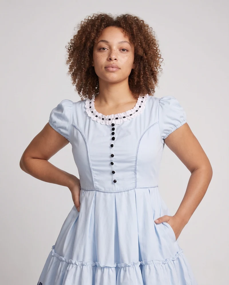 Damen Vintage Kleid mit Rüschensaum und Knopfdetails Drune