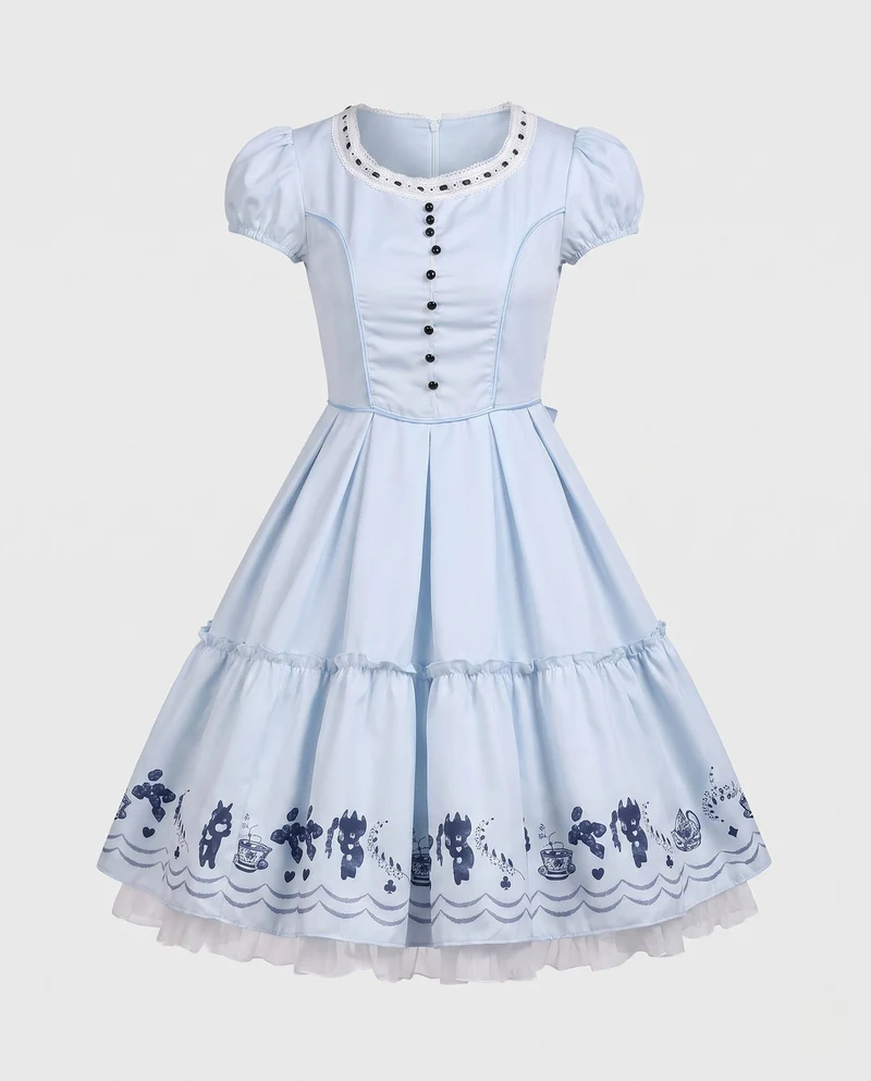 Damen Vintage Kleid mit Rüschensaum und Knopfdetails Drune