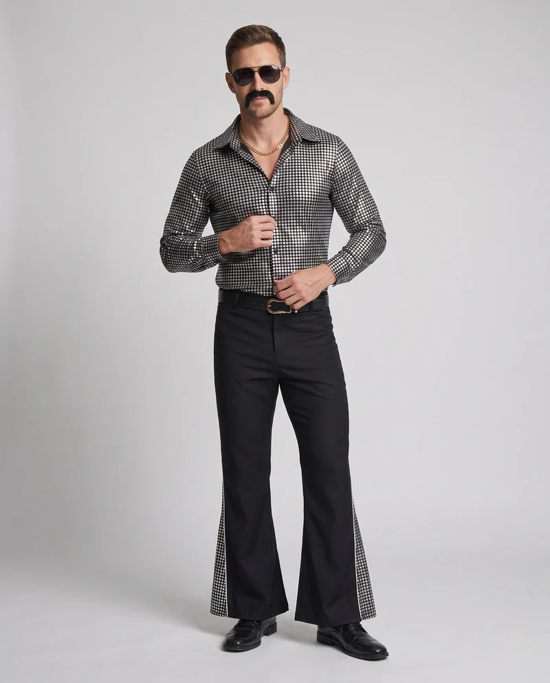 Herren Disco-Shirt mit Glitzerakzenten und weit ausgestellten Hosen Drune
