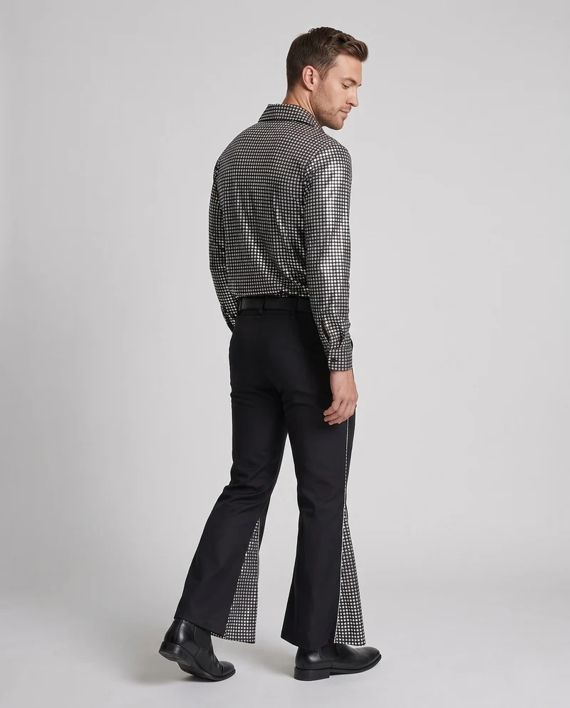 Herren Disco-Shirt mit Glitzerakzenten und weit ausgestellten Hosen Drune
