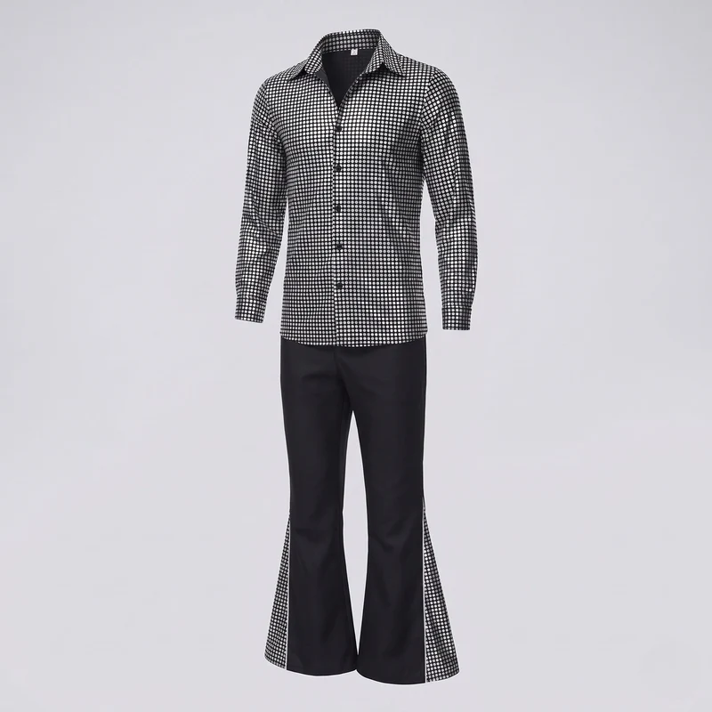 Herren Disco-Shirt mit Glitzerakzenten und weit ausgestellten Hosen Drune