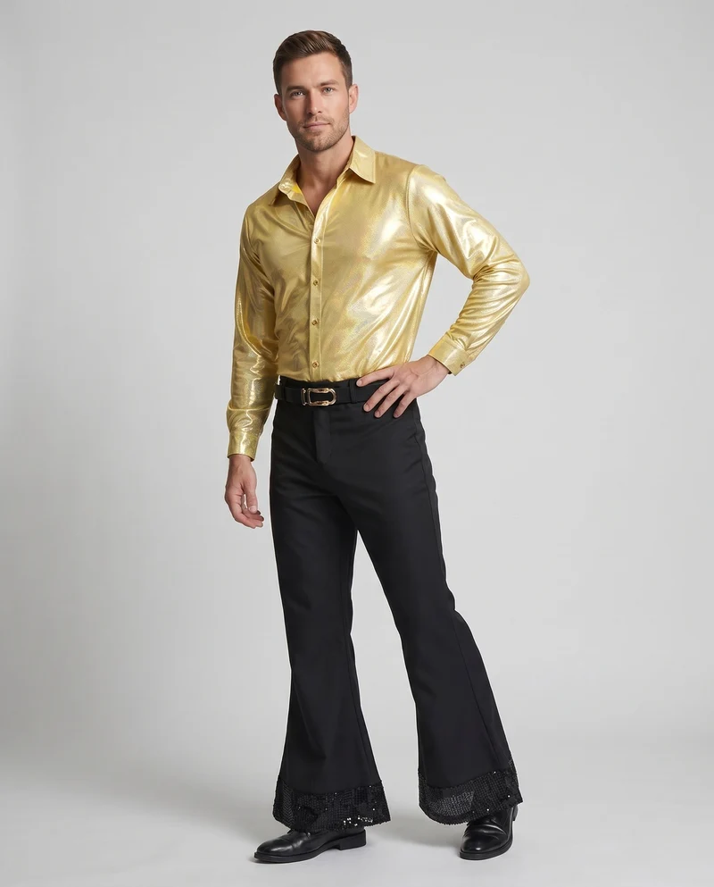 Herren Disco Outfit mit glänzender Bluse und weiten Hosen Drune
