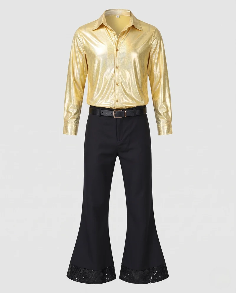 Herren Disco Outfit mit glänzender Bluse und weiten Hosen Drune