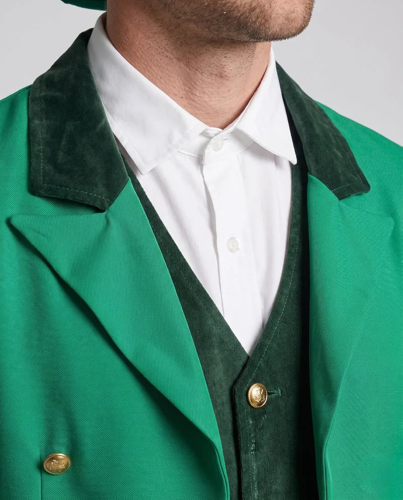 Herren elegantes Leprechaun-Kostüm mit fröhlichem Hut und detaillierter Drune-Jacke Drune