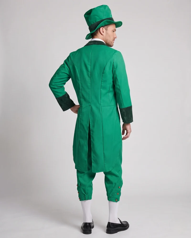 Herren elegantes Leprechaun-Kostüm mit fröhlichem Hut und detaillierter Drune-Jacke Drune