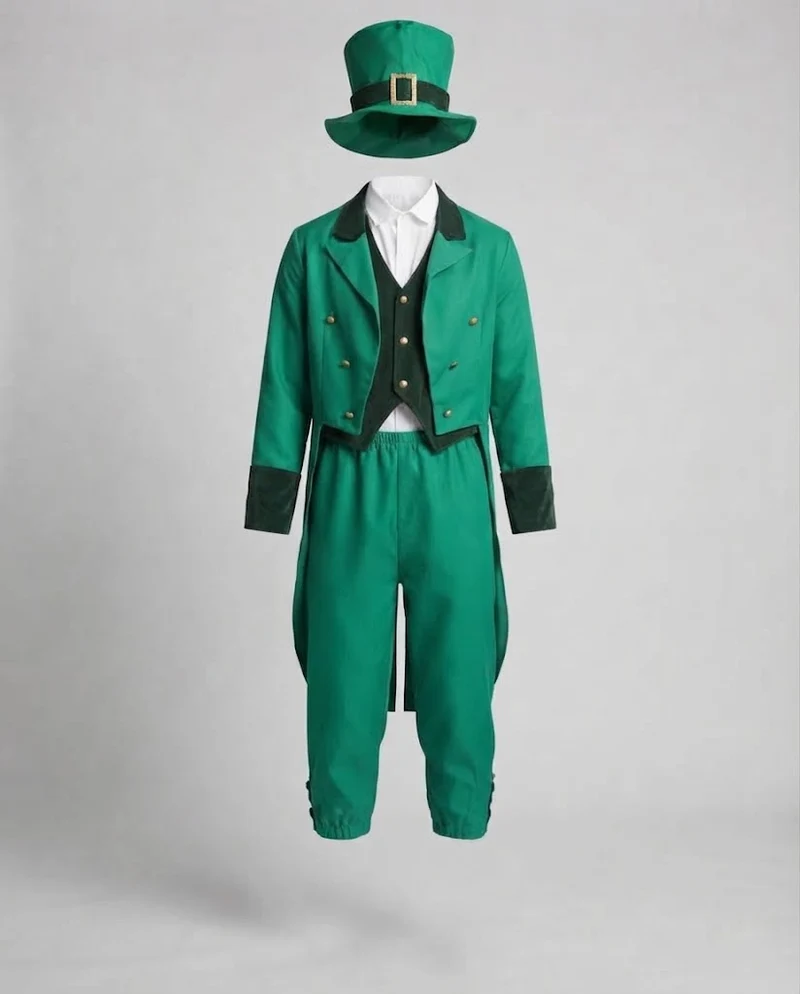 Herren elegantes Leprechaun-Kostüm mit fröhlichem Hut und detaillierter Drune-Jacke Drune