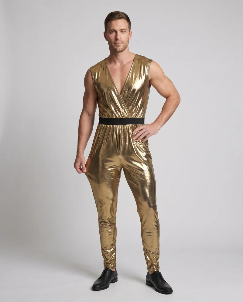 Herren Glänzendes Disco Kostüm aus Metallic Folie mit Breitem Hosenbein Drune