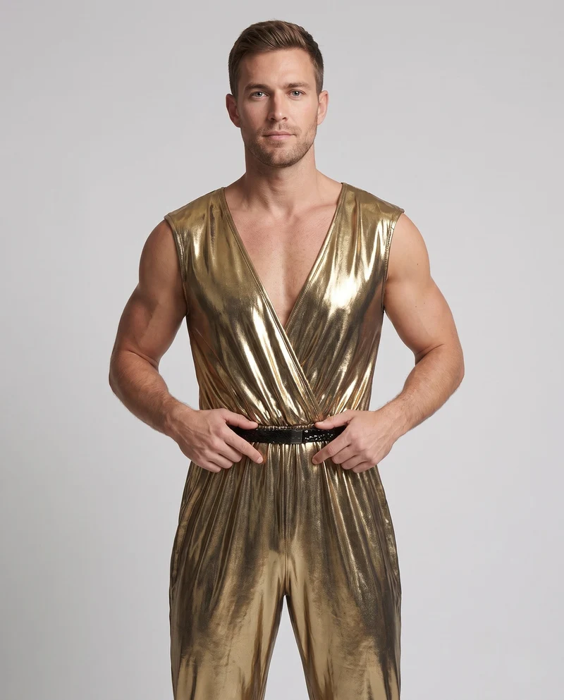Herren Glänzendes Disco Kostüm aus Metallic Folie mit Breitem Hosenbein Drune