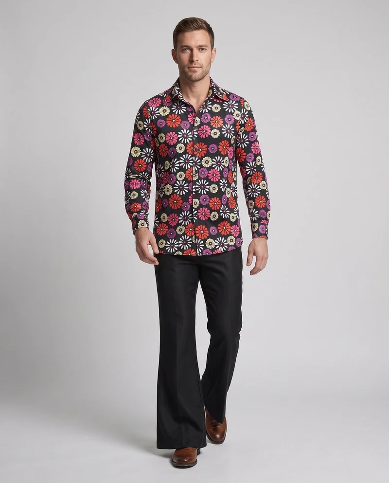 Herren Hippie Hemd mit buntem Blumenmuster und lockerer Passform Drune