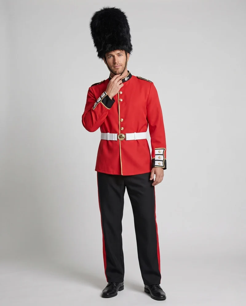 Männliches Historisches Gardekostüm mit detaillierter Uniform und Hüttenfedern Drune