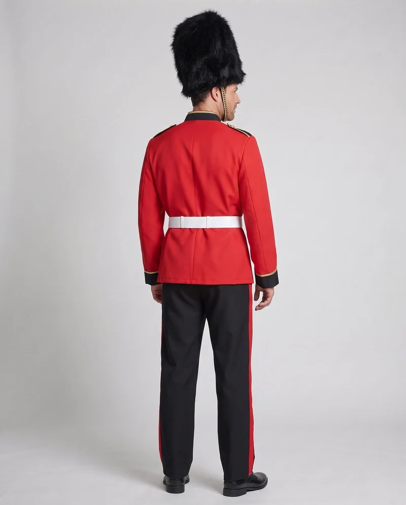 Männliches Historisches Gardekostüm mit detaillierter Uniform und Hüttenfedern Drune