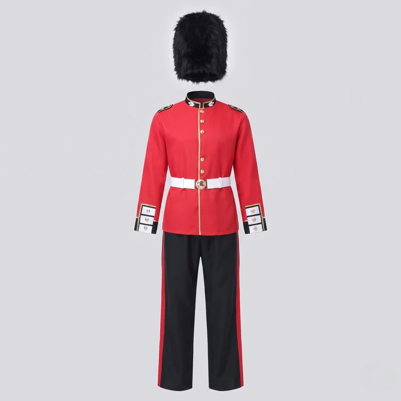 Männliches Historisches Gardekostüm mit detaillierter Uniform und Hüttenfedern Drune