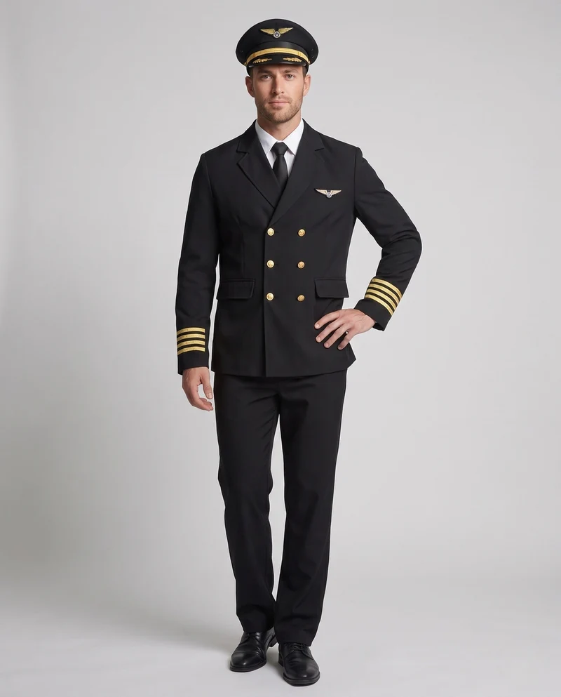 Herren-Pilotenkostüm mit authentischen Details und goldenen Akzenten Drune