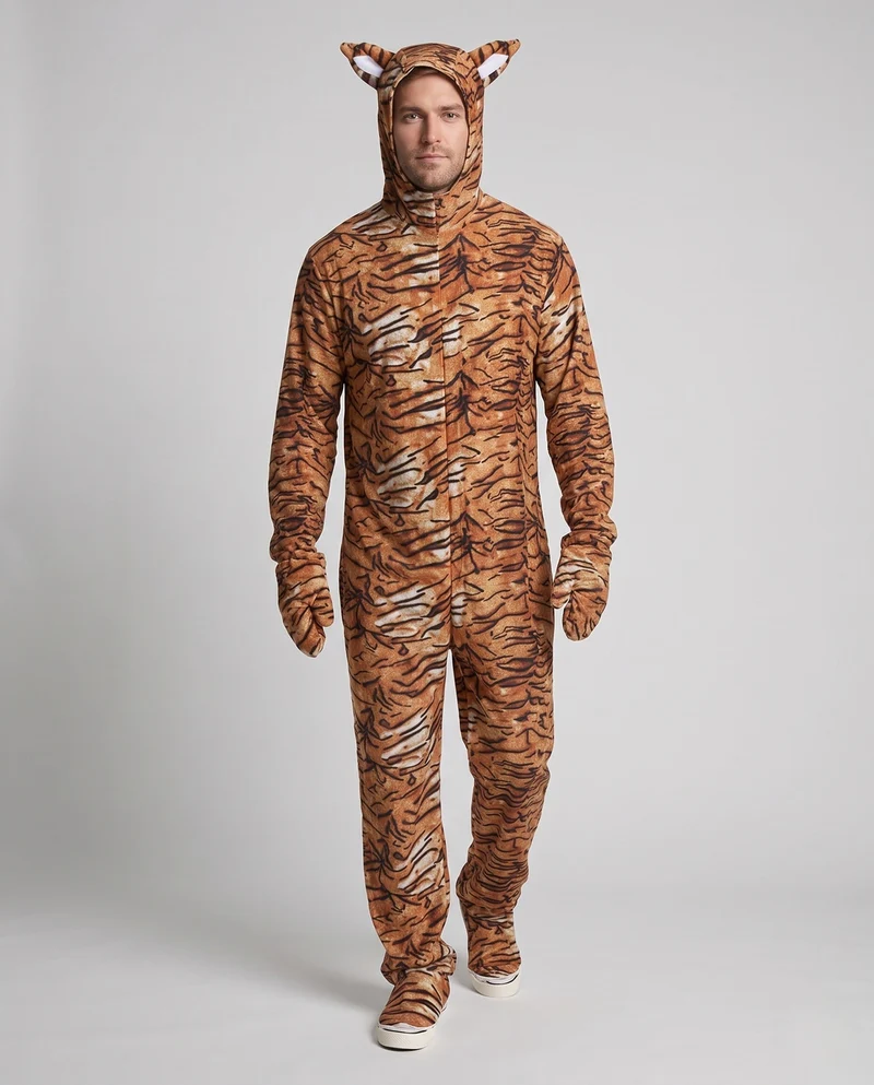 Herren Plüsch-Tigerkostüm mit Kapuze und Schwanz Drune