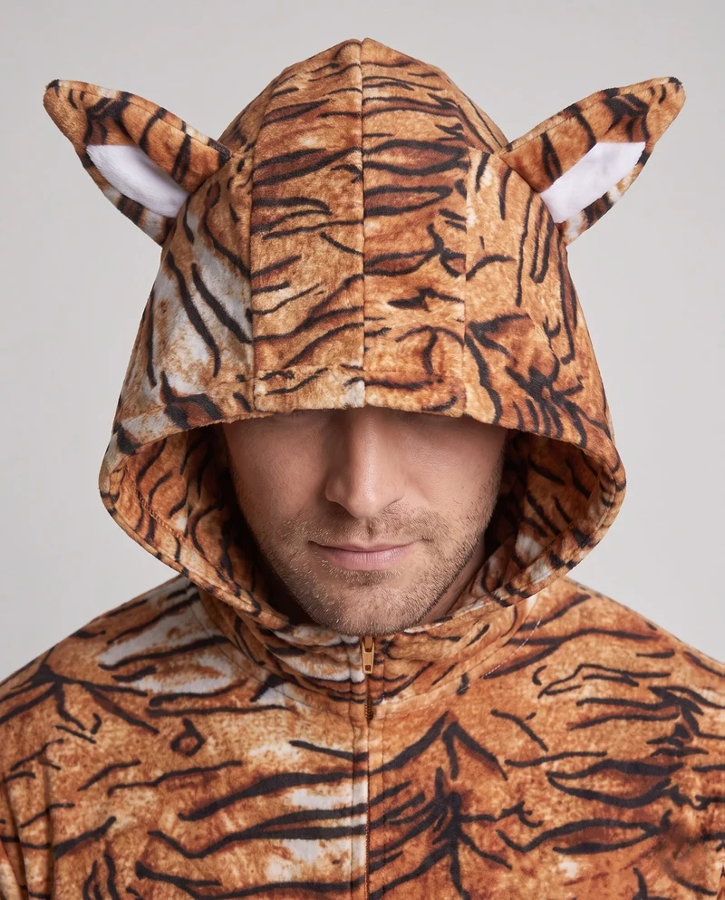 Herren Plüsch-Tigerkostüm mit Kapuze und Schwanz Drune