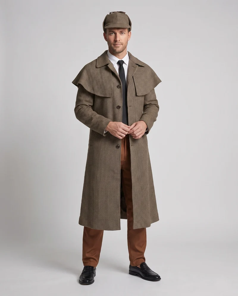 Herren Sherlock Holmes Kostüm mit kunstvoll detailliertem Sherlock Hut und legendärem Mantel Drune