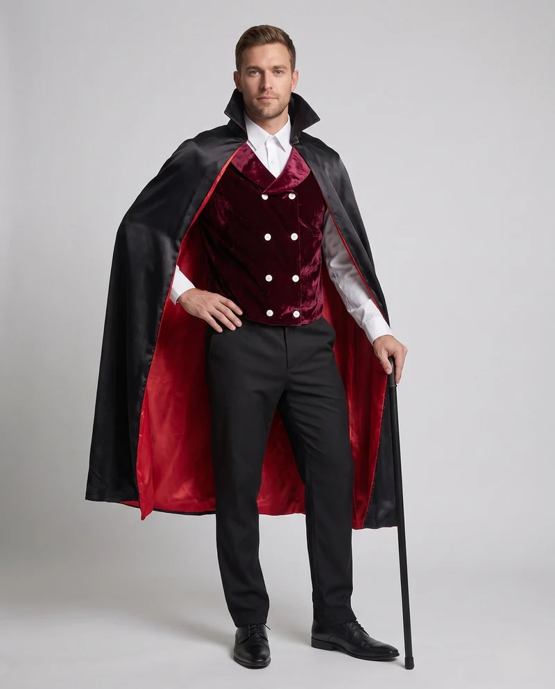 Herren Vampir Kostüm mit elegantem Umhang und bestickter Weste Drune