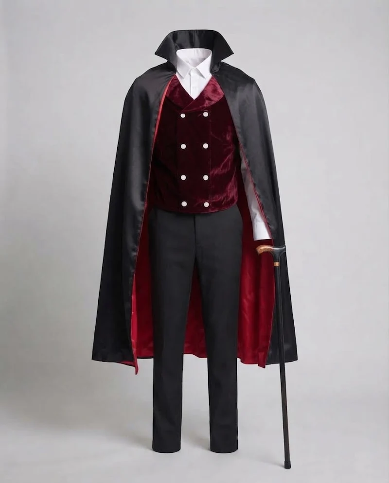 Herren Vampir Kostüm mit elegantem Umhang und bestickter Weste Drune