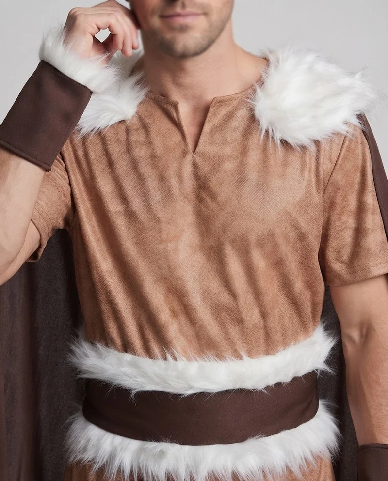 Männer Viking Kostüm mit Kapuze und Fellverzierung Drune