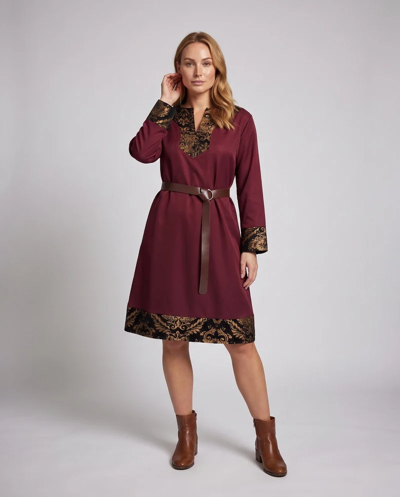 Frauen elegantes Langarmkleid mit künstlerischer Verzierungen und passendem Gürtel Drune