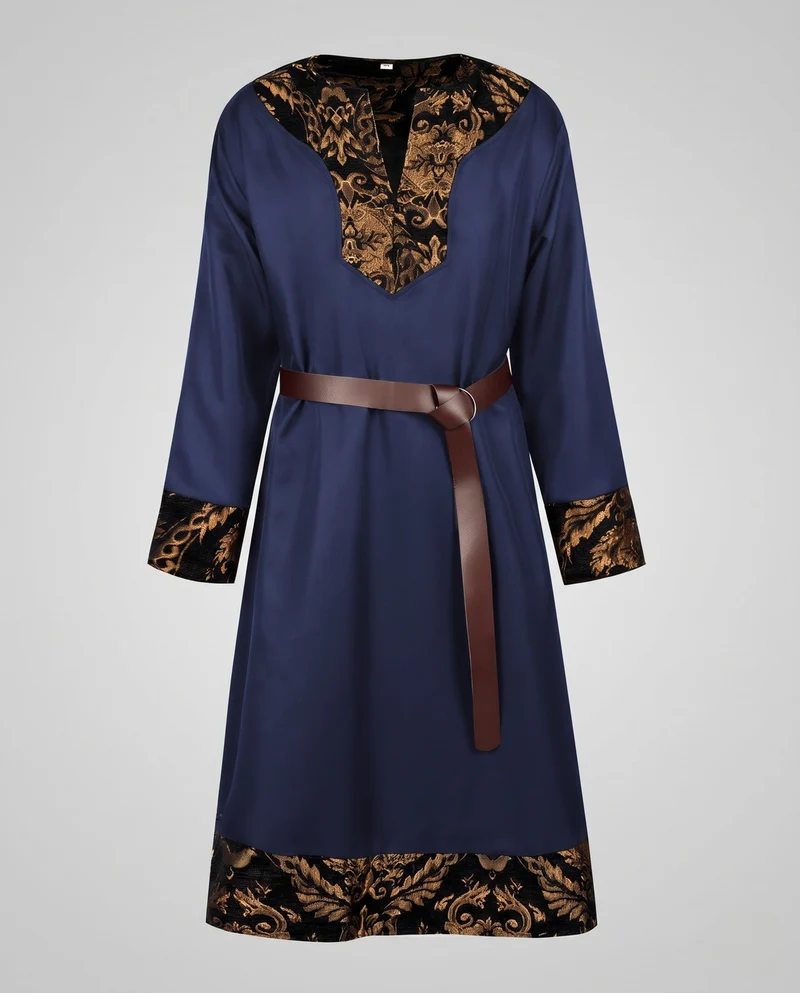 Frauen elegantes Langarmkleid mit künstlerischer Verzierungen und passendem Gürtel Drune