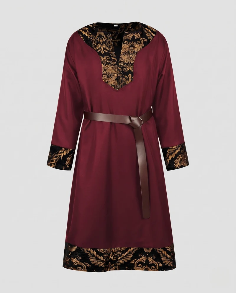 Frauen elegantes Langarmkleid mit künstlerischer Verzierungen und passendem Gürtel Drune