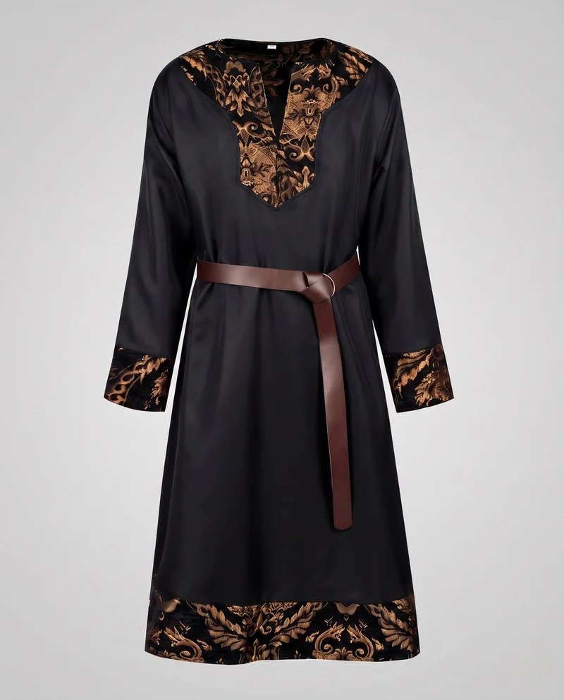 Frauen elegantes Langarmkleid mit künstlerischer Verzierungen und passendem Gürtel Drune